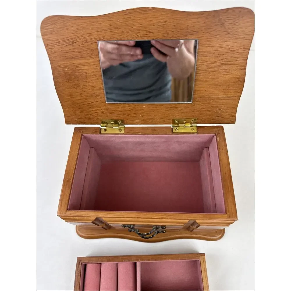 Small Jewelry Box Oak Finish Velvet Lined, Mirror, Lift Top & lift out tray
